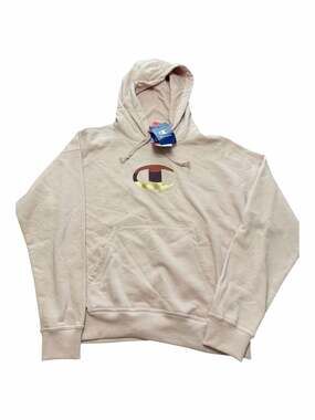 Champion Powerblend Fleece Hoodie Light Pink Metallic Gold Big C Logo Size M